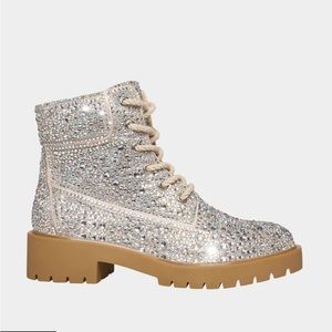 NEW BETSEY JOHNSON Women's Hudson Lug Sole Combat Ankle Boots Rhinestones